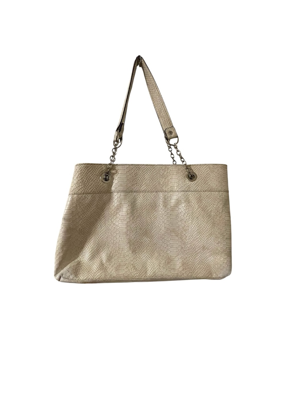 Large Cream Snake Tote Bag with silver Chain Detail. 10”L X 16.5W. Like NEW! - Picture 2 of 5